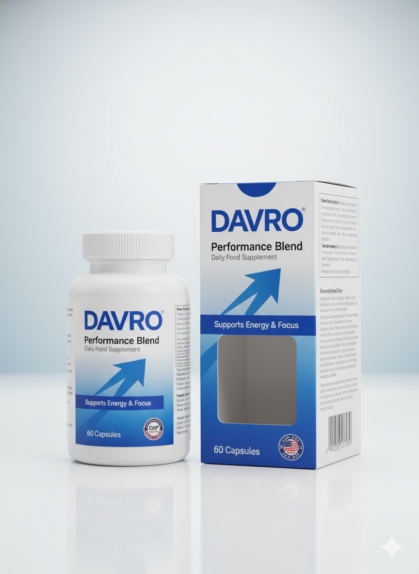 Davro food supplement bottle and carton with nutrition labeling visible